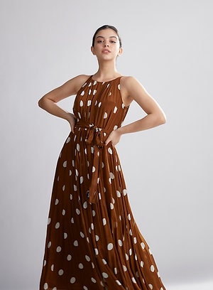 Brown & Cream Polka Dot Pleated Dress HLF-0053