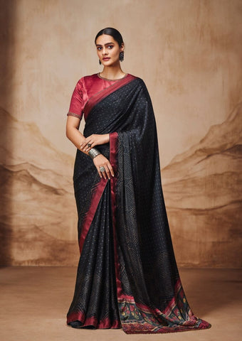 Black Ajrakh Style Digitally Crafted Saree HSC-0002