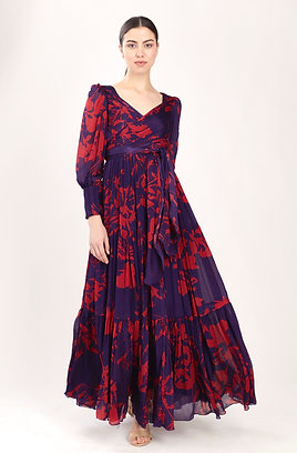 Purple & Red Floral Long Wrap Dress HWD-0056