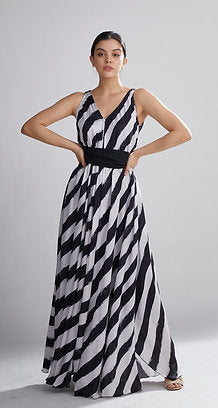 White & Black Stripe Long Dress HWD-0054