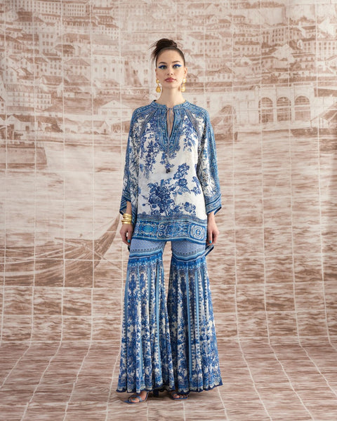 White & Blue Kaftan & Shara Set HWB-0003