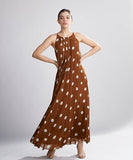 Brown & Cream Polka Dot Pleated Dress HLF-0053