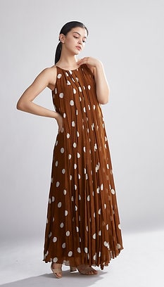 Brown & Cream Polka Dot Pleated Dress HLF-0053