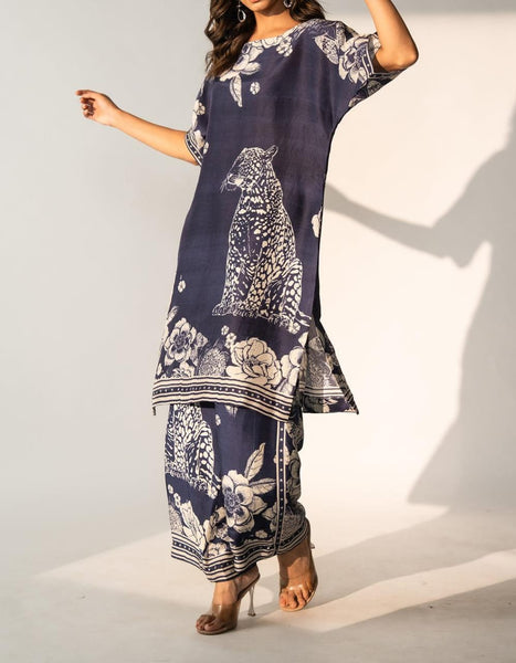 Blue Tiger Floral Garden  Printed Silk Batwing Sleeve Kurta