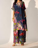 Blue Pink Floral Garden  Printed Silk Batwing Sleeve Kurta