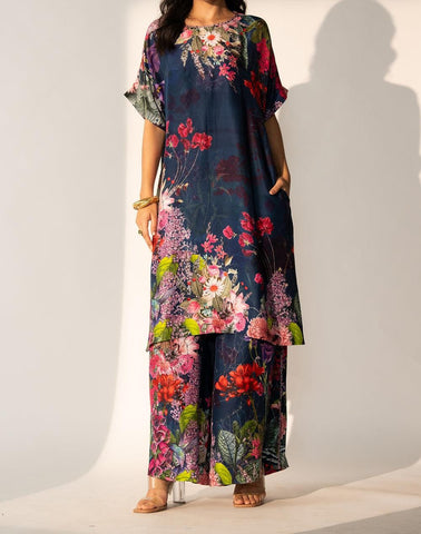 Blue Pink Floral Garden  Printed Silk Batwing Sleeve Kurta