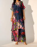 Blue Pink Floral Garden  Printed Silk Batwing Sleeve Kurta