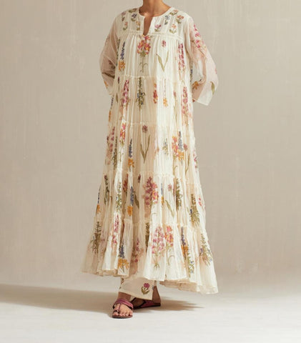 Off White Printed Multi-Tiered Kurta Set