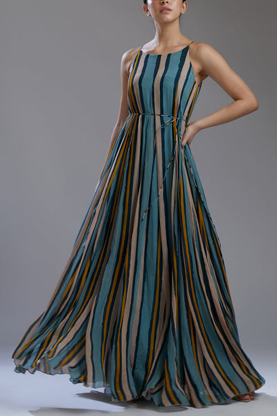 Blue Yellow Lines Long Frock