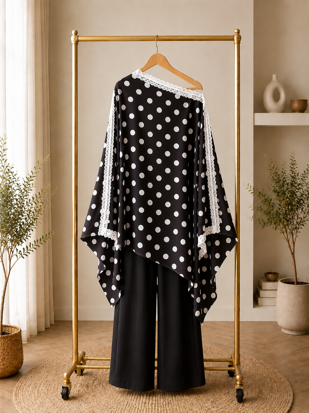 Black Base + White Polka Dot + White Lace Kaftan Set