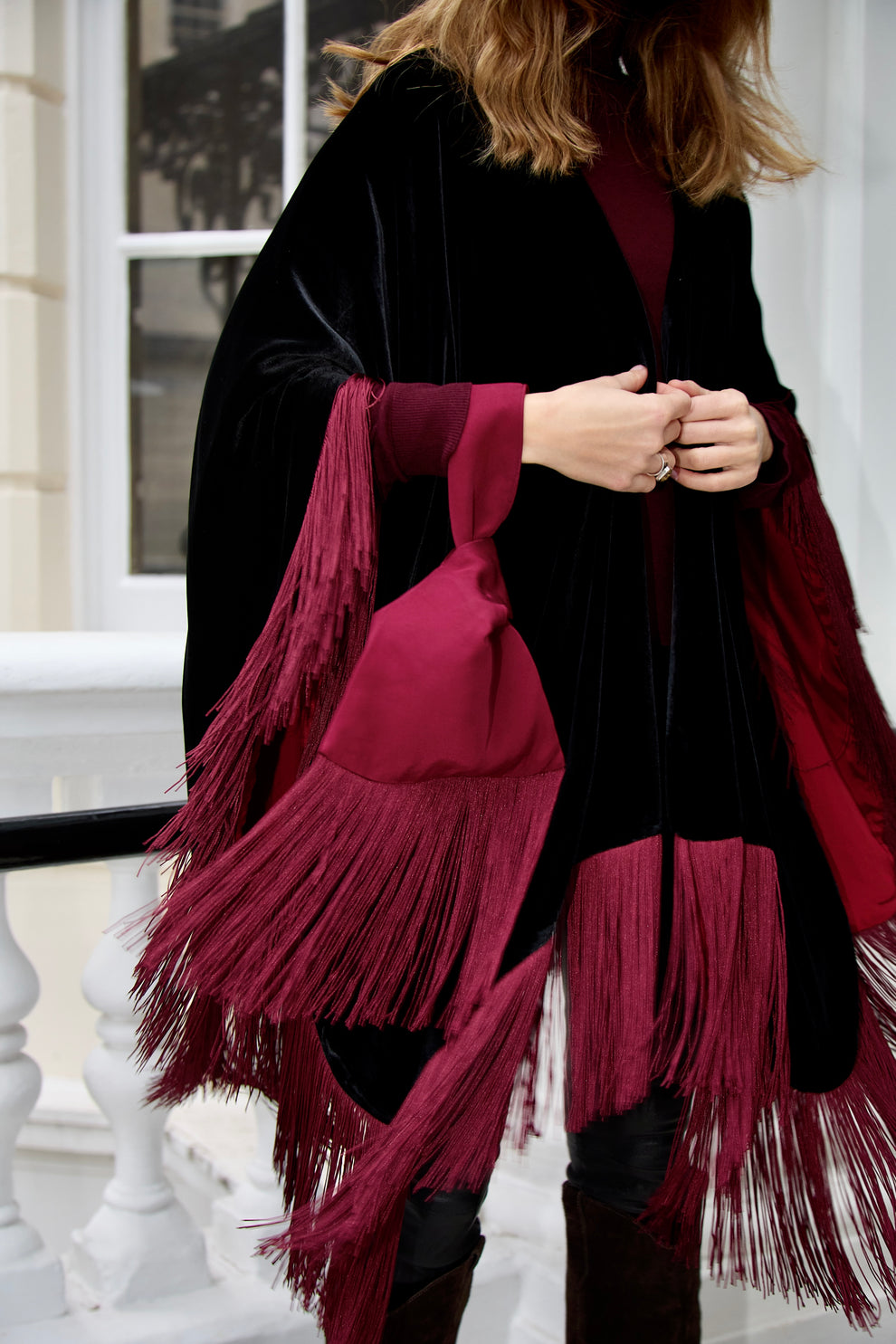 Black Red Fringy Cape Kaftan