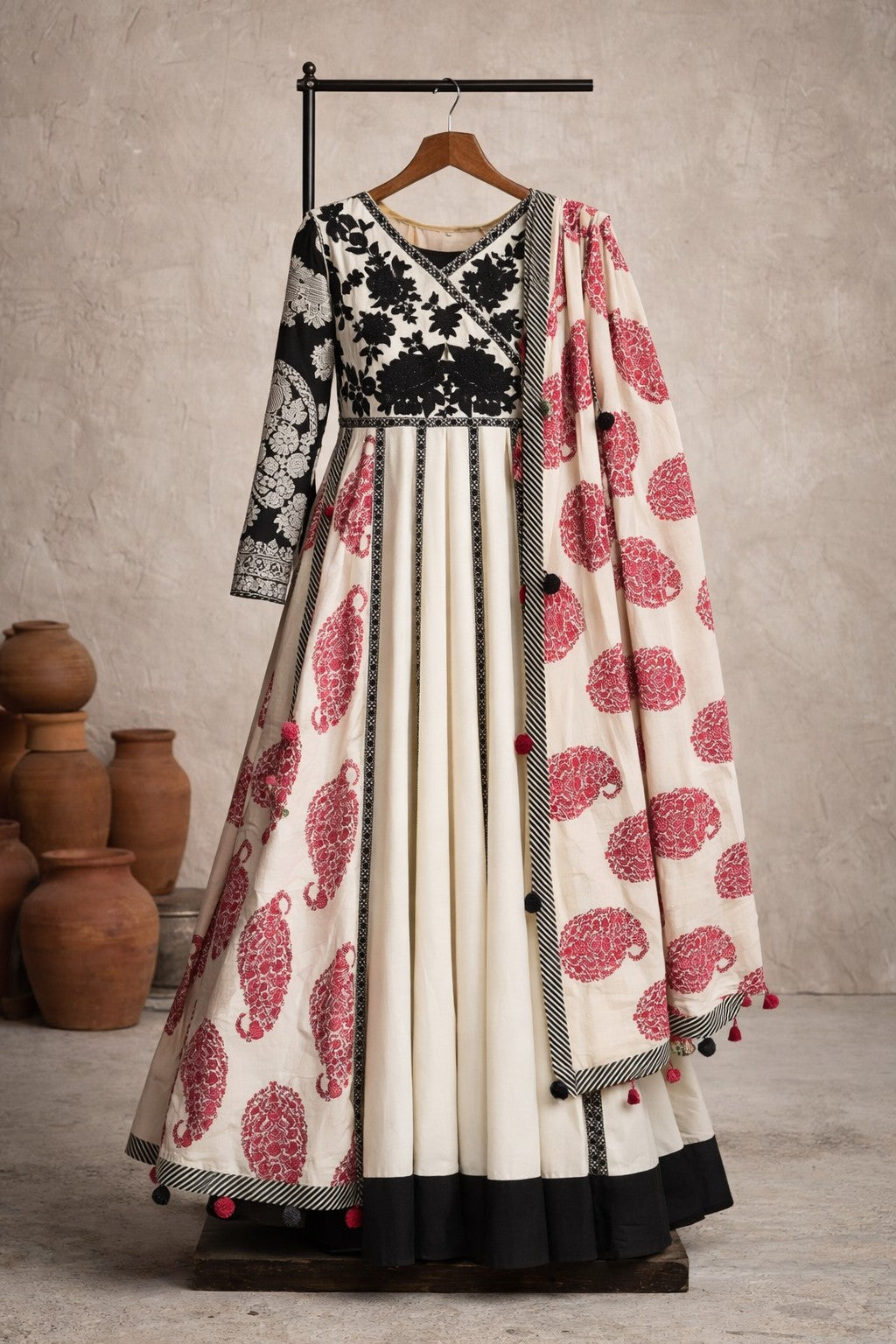 White Black Anarkali printed plus lace  Frock set