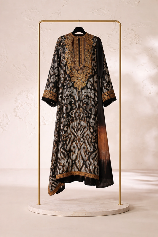 Black and mustard neckline printed kaftan Shirt