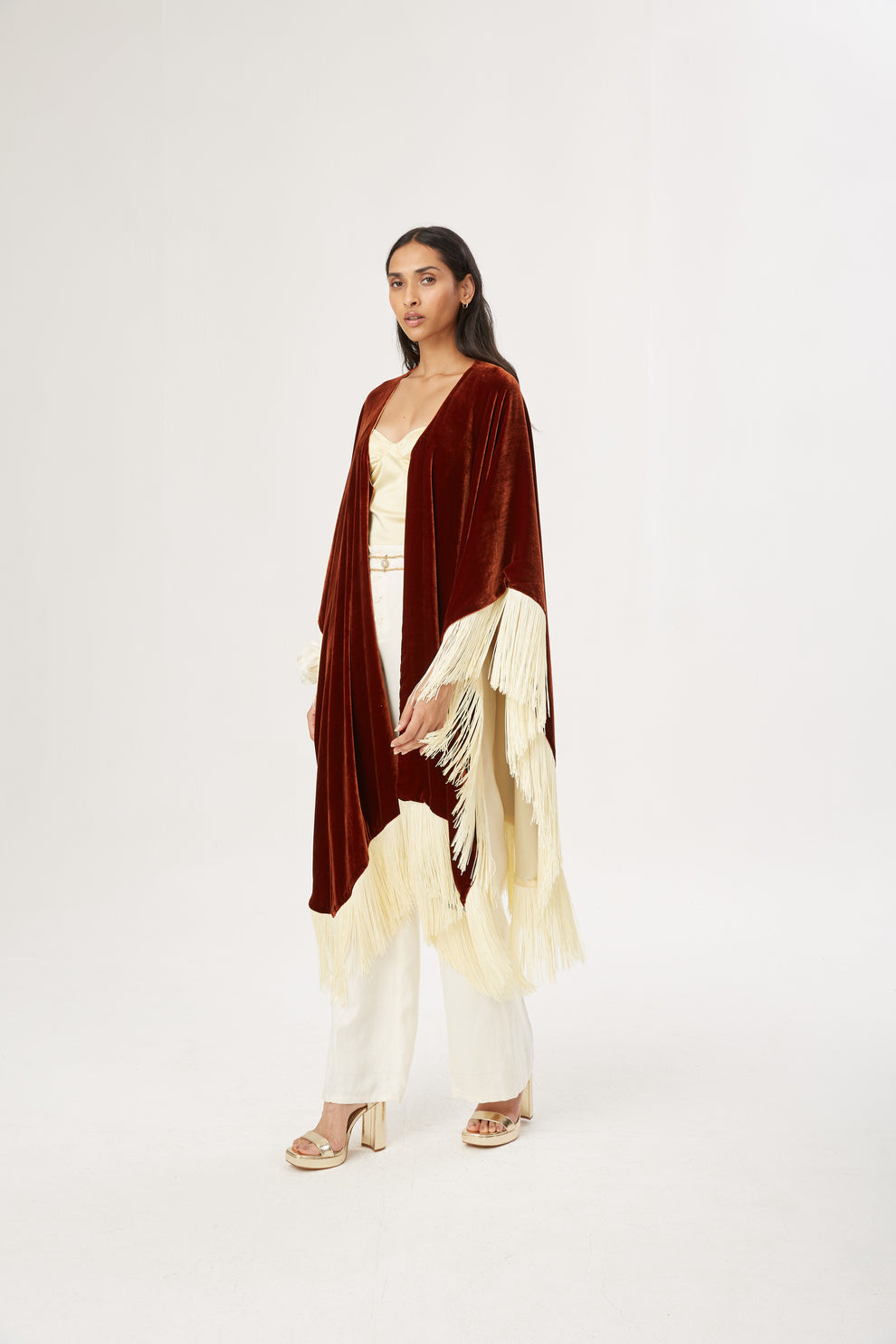Rust Fringy Cape Kaftan Velvet