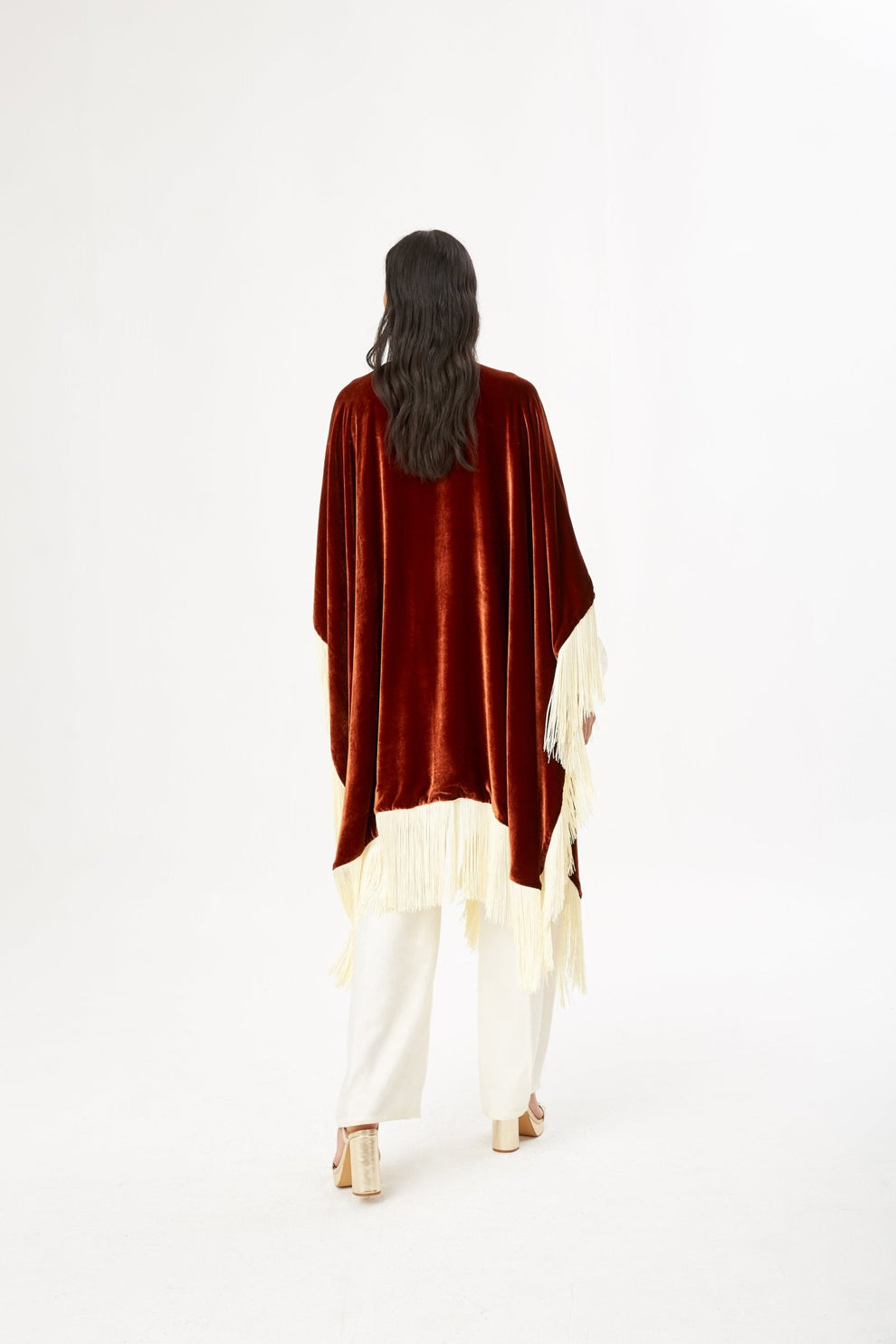 Rust Fringy Cape Kaftan Velvet