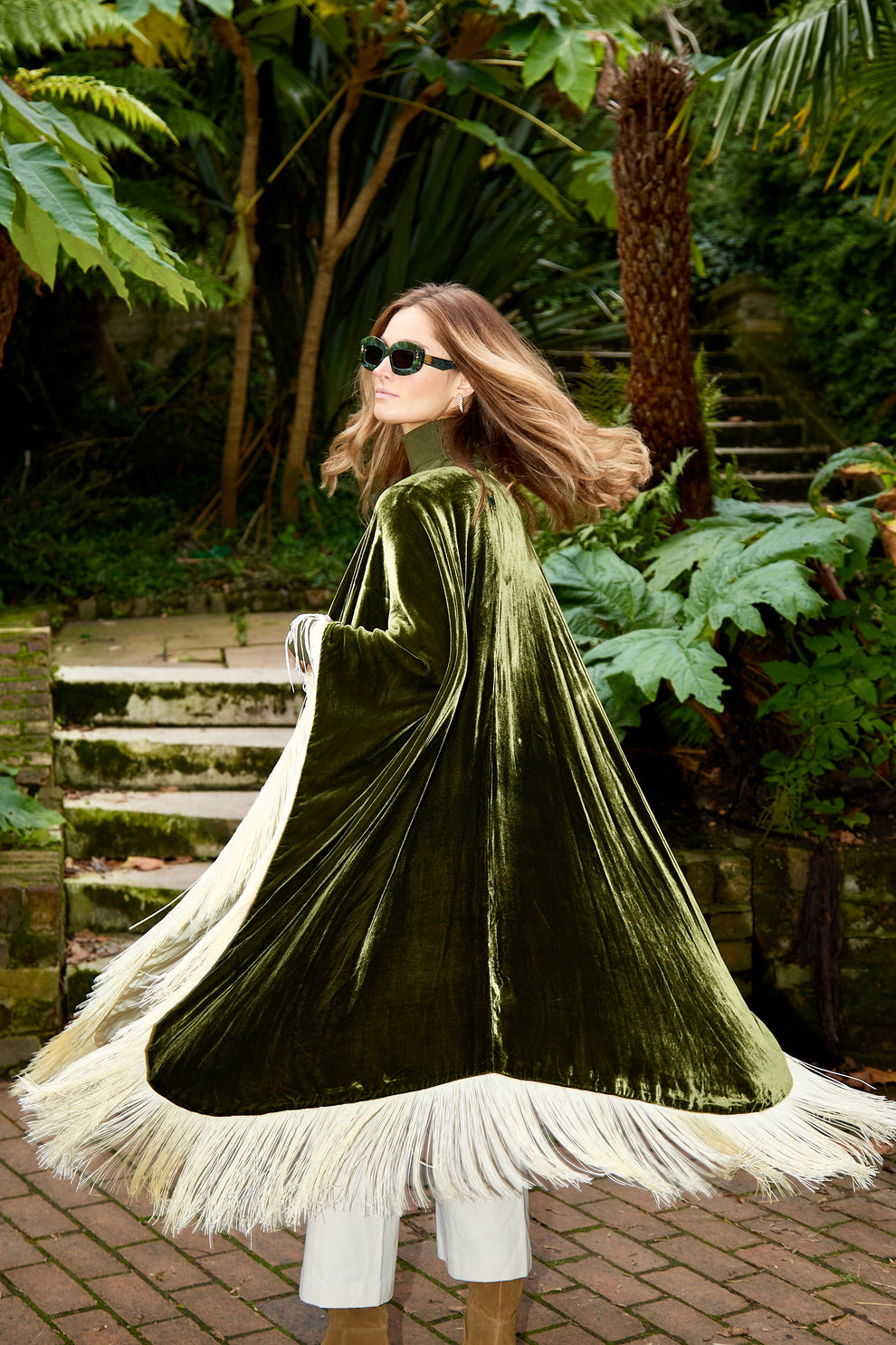 Green Fringy Cape Kaftan Velvet