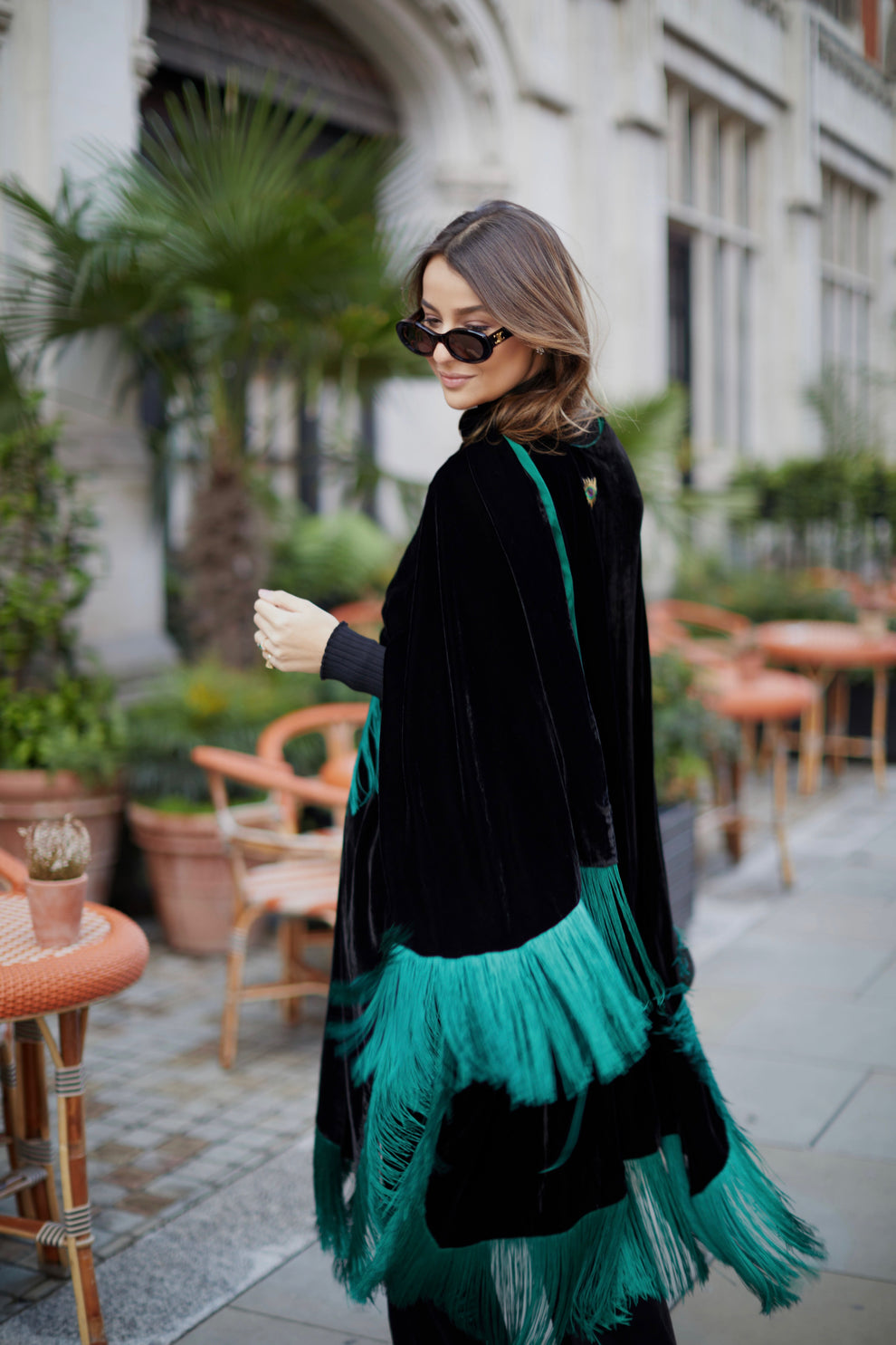 Black Green Fringy Cape Kaftan Velvet