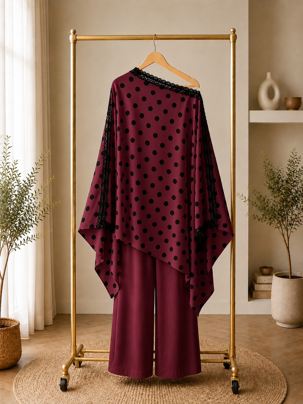 Black Base + White Polka Dot + White Lace Kaftan Set