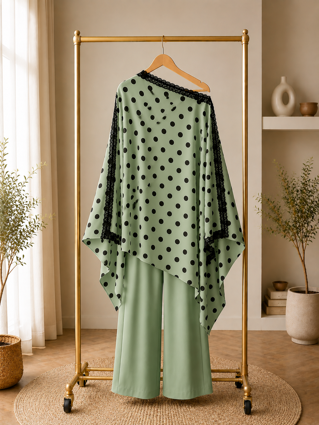 Black Base + White Polka Dot + White Lace Kaftan Set