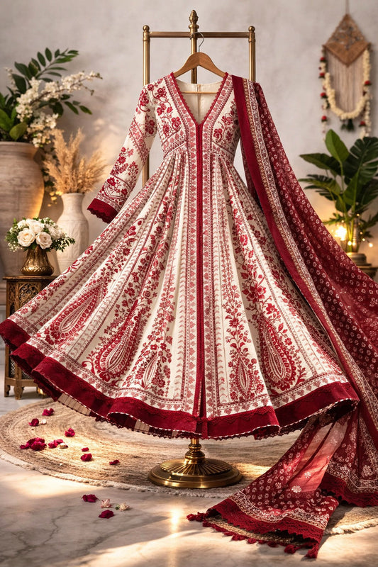 Anarkali printed plus lace only Frock set