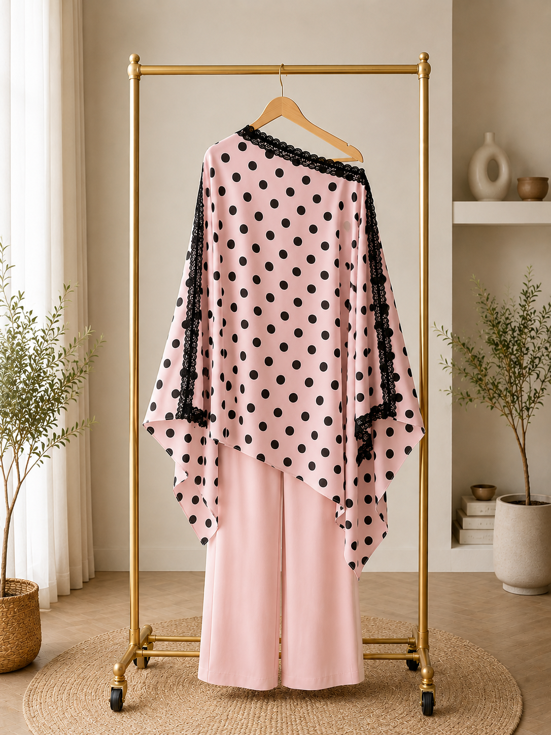 Black Base + White Polka Dot + White Lace Kaftan Set