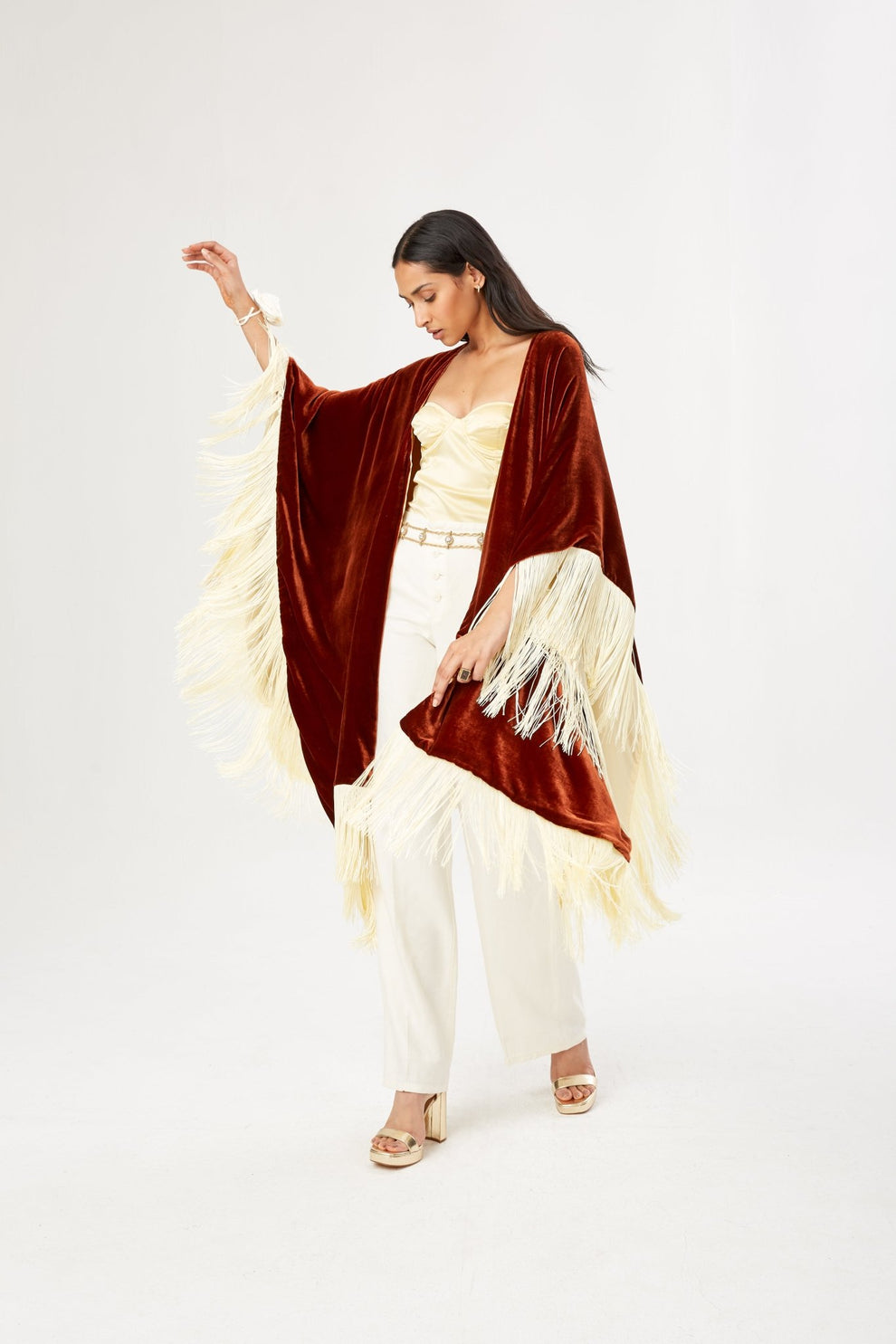 Rust Fringy Cape Kaftan Velvet