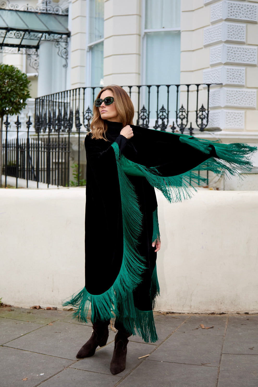 Black Green Fringy Cape Kaftan Velvet