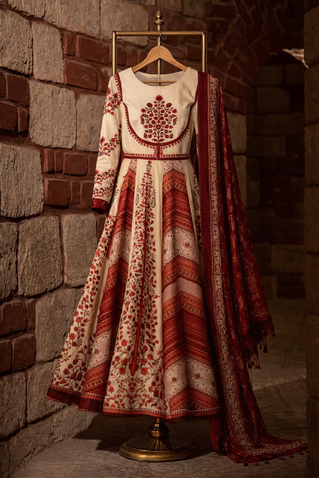 Red Anarkali printed only Frock set