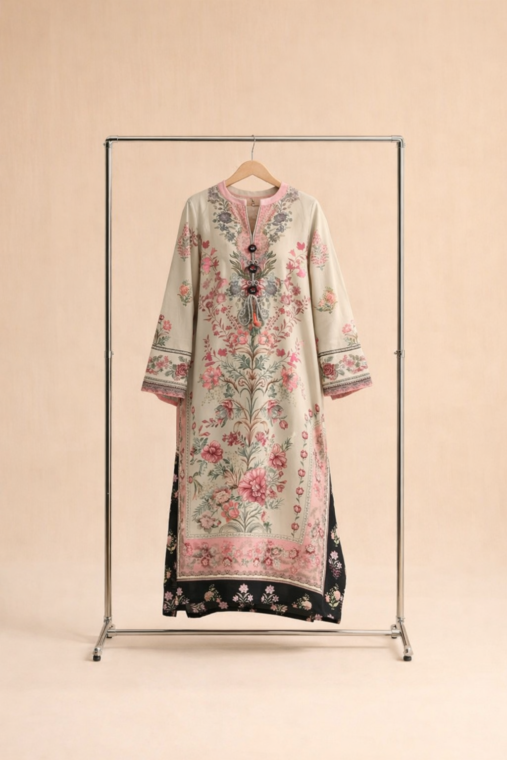 Pink Black Floral Kaftan Shirt