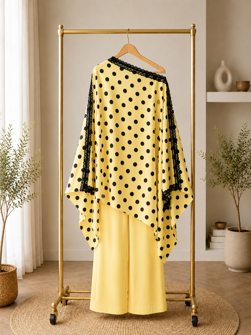 Black Base + White Polka Dot + White Lace Kaftan Set