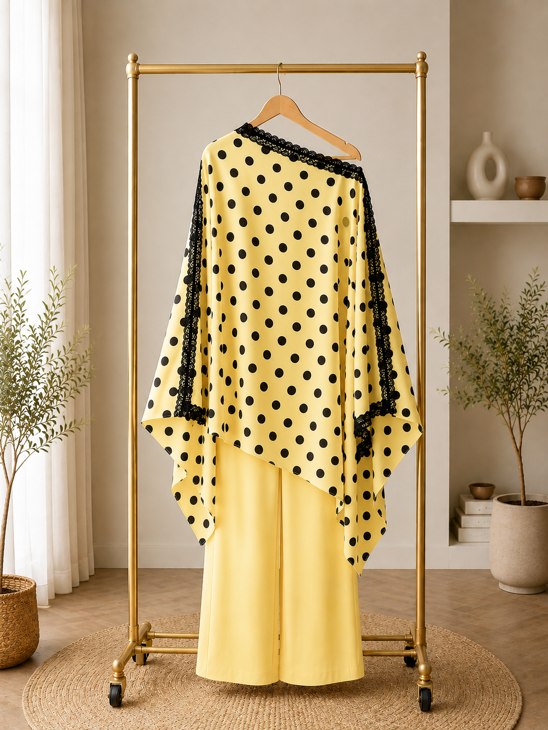 Black Base + White Polka Dot + White Lace Kaftan Set